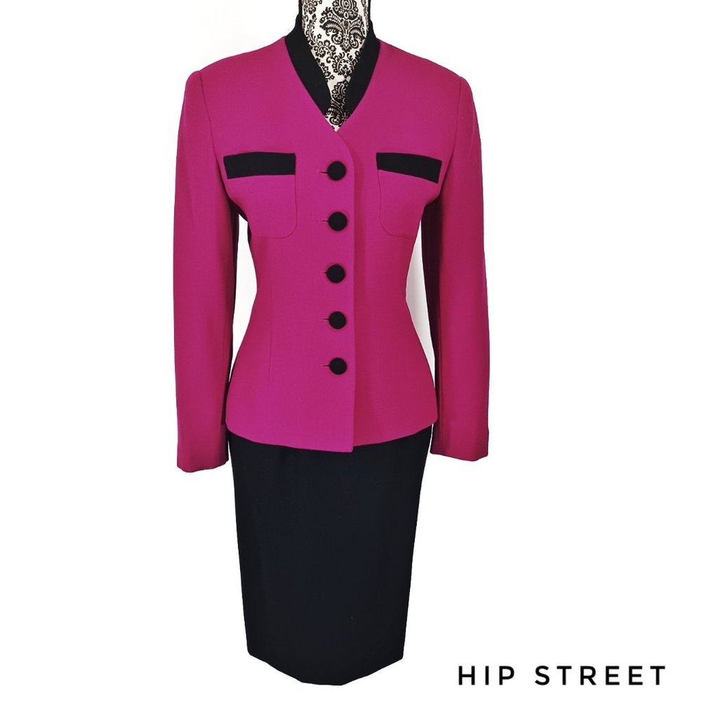 SAVILLE SUIT PETITE Skirt Suit Button Front Pink & Black Wool Crepe 10P